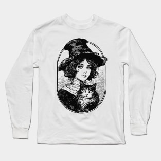 Victorian Witch and Cat Long Sleeve T-Shirt